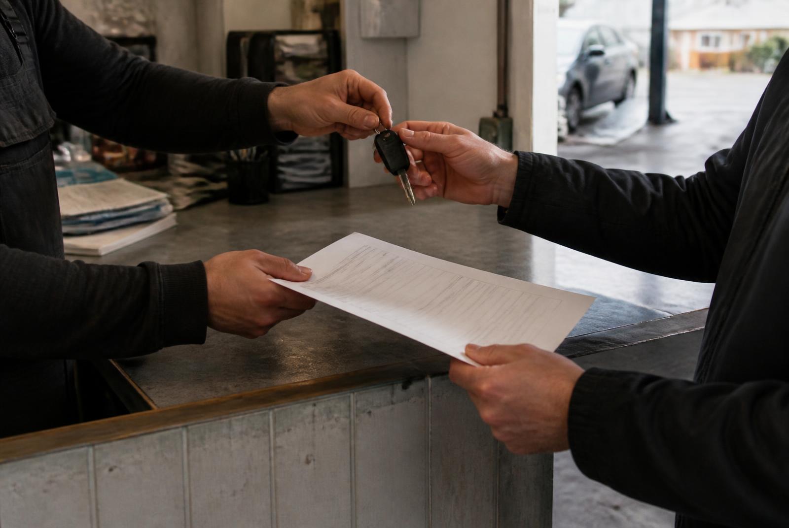 Remise des clés et de la facture au comptoir d'un garage, après une intervention